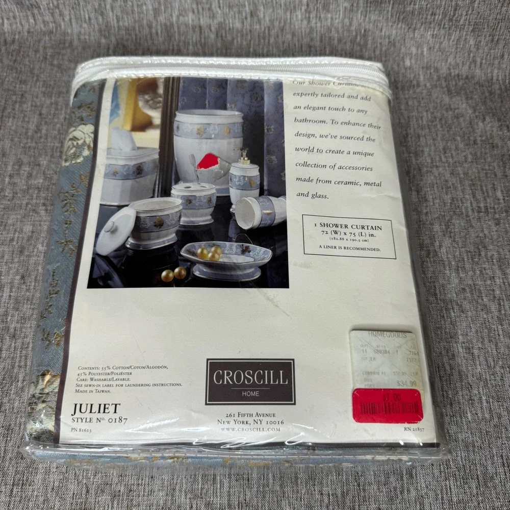 Croscill Home Juliet Blue Gold Floral Damask Shower Curtain 72x75 New 0187